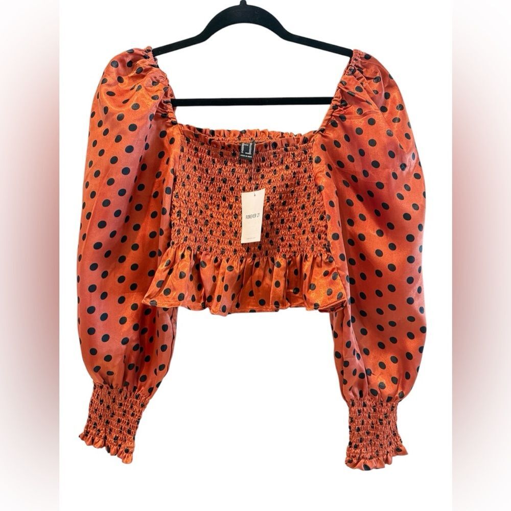 Forever 21 Polka Dot‎ Smocked Balloon Sleeve Blouse Orange Black Size XS (FLAW)